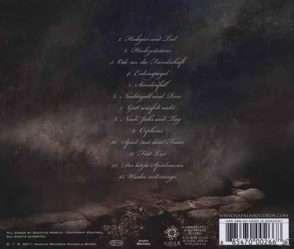 Rückseite eines Albums mit Songtiteln, dunklem Hintergrund und einer Titelliste.