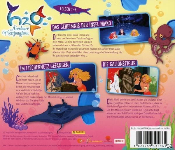 Rückseite einer DVD. Cartoon-Meerjungfrau und Meereskreaturen mit Text auf Deutsch.