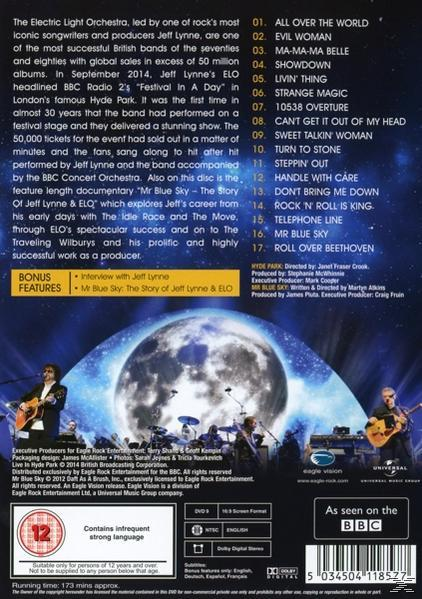 Rückseite einer Electric Light Orchestra DVD mit Titelliste, Bandmitgliedern und einer Bühne.