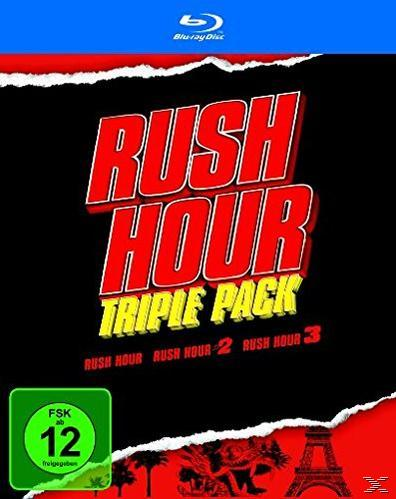 DVD-Hülle von 'Rush Hour Triple Pack' mit rotem und schwarzem Hintergrund.