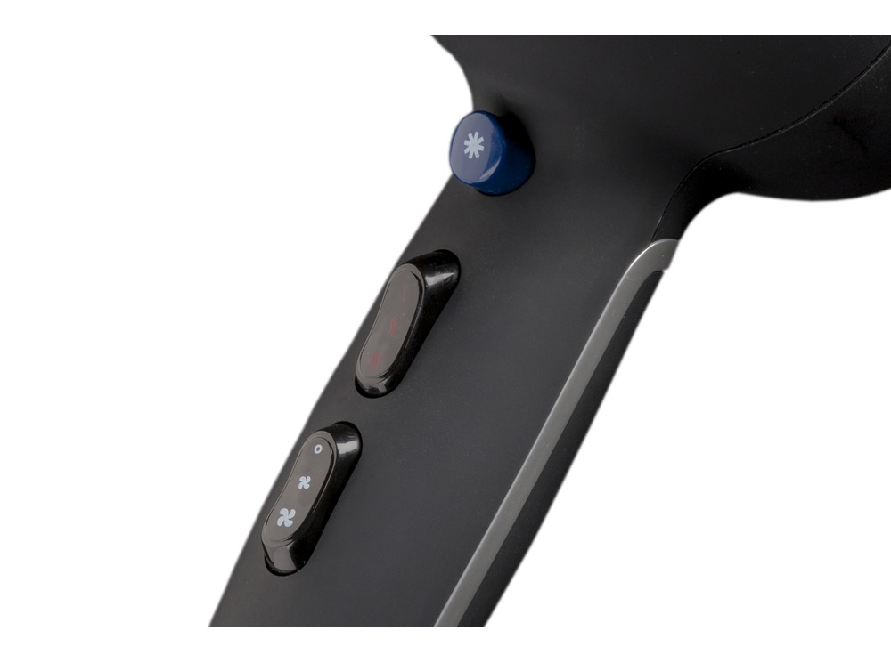Hair dryer handle with buttons. Blue button with snowflake symbol. Black and silver body.