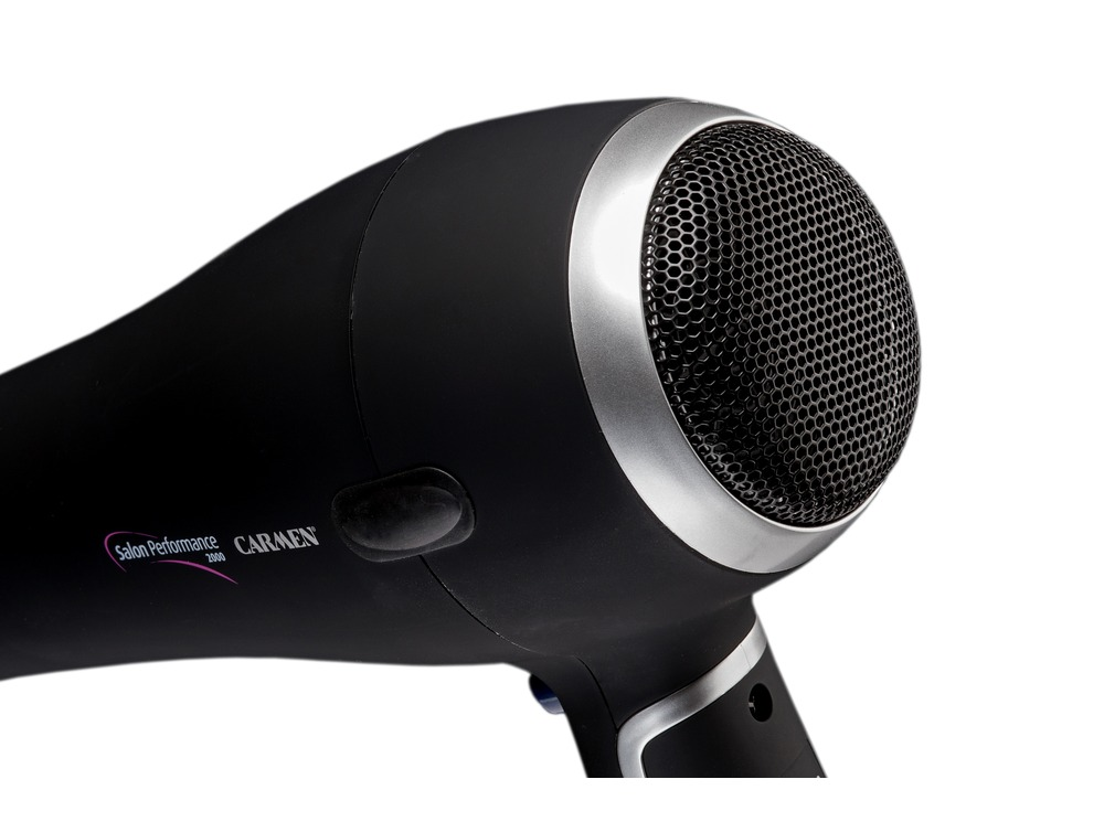 Black hair dryer with silver accents. The front has a mesh cover. The brand is visible. White background.