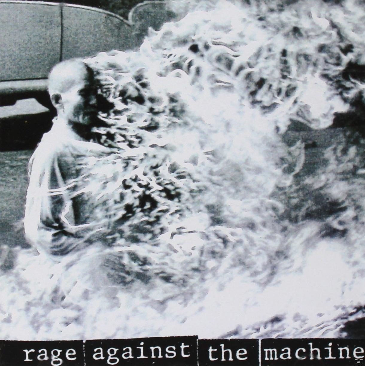 Albumhoes van 'Rage Against the Machine' met een man in brand en de bandnaam eronder.