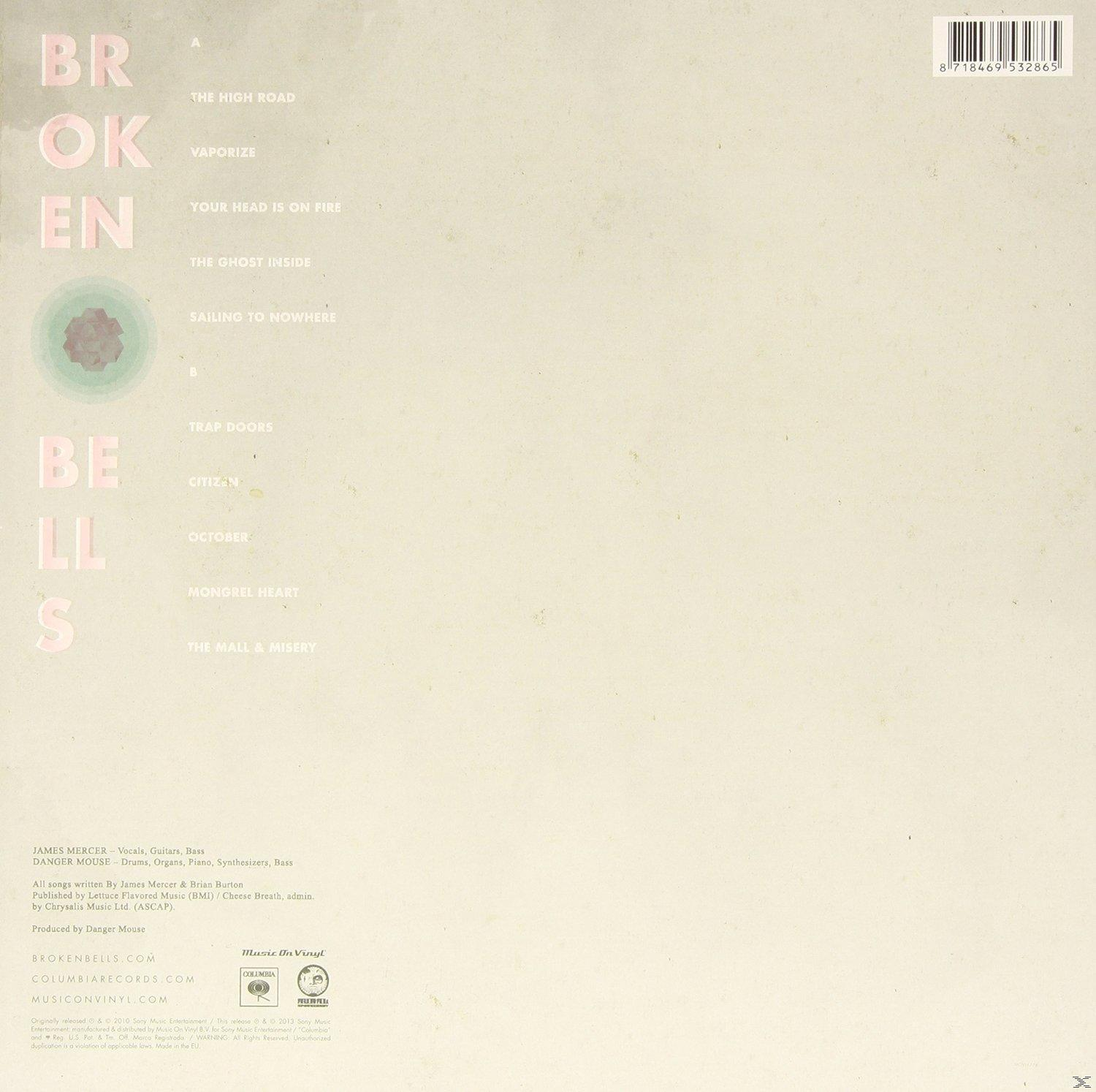 Album borító szöveggel: Broken Bells, és a dalcímek, rózsaszín és zöld dizájnnal.