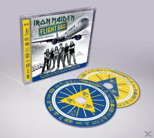 Iron Maiden Albumcover mit Flugzeug, Bandmitgliedern und zwei CDs.