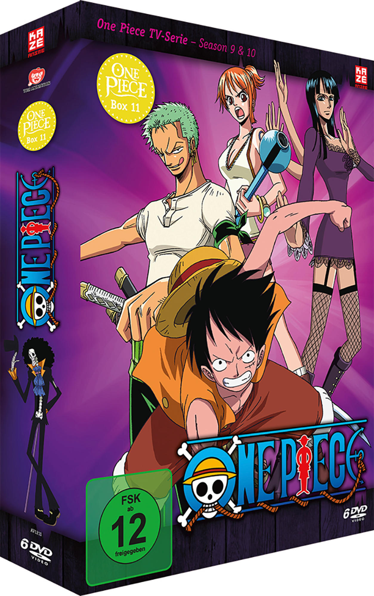 DVD-Box: Anime-Charaktere. Titel: One Piece. Charaktere: Luffy, Zoro, Nami, Robin und andere. Lila Hintergrund.