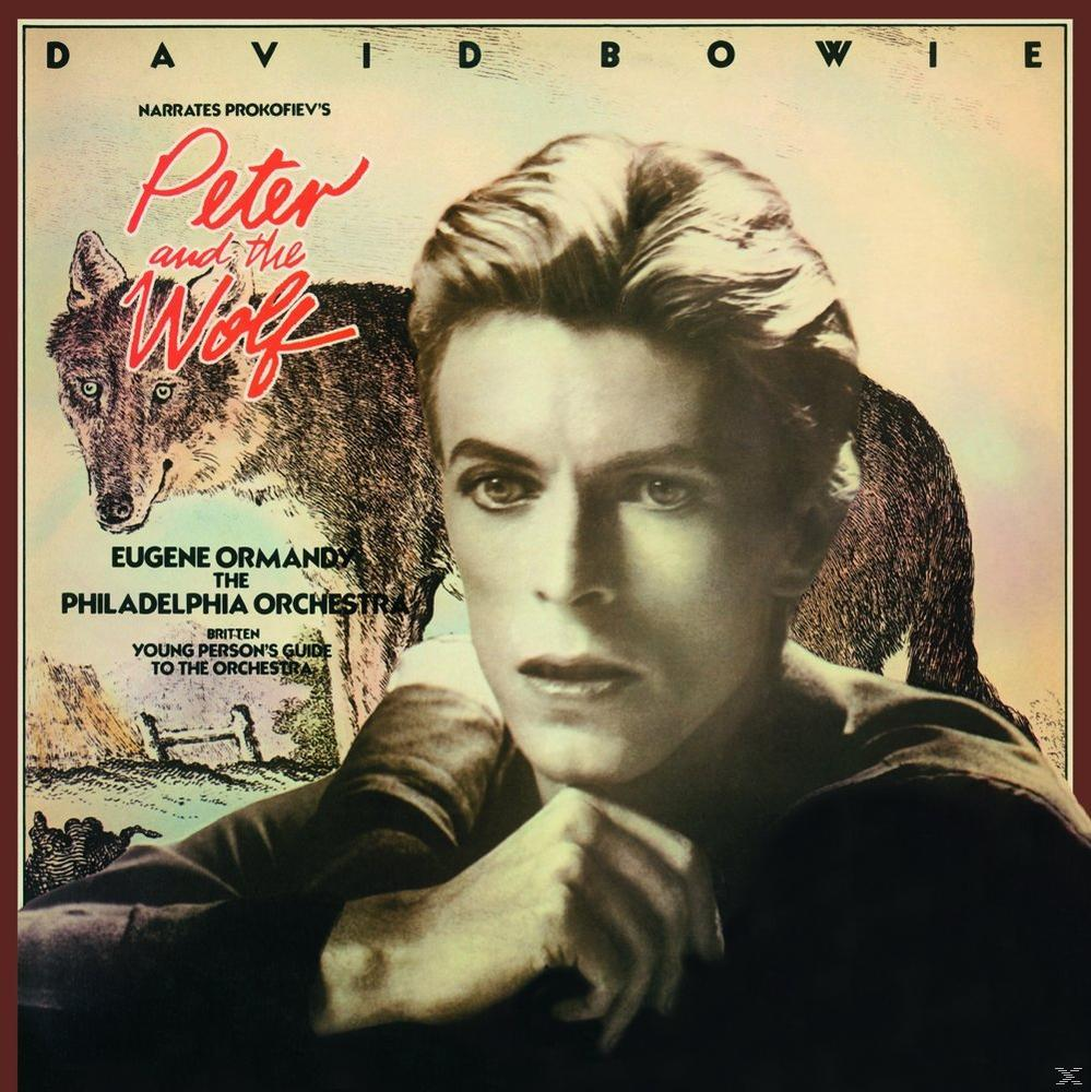 David Bowie egy album borítóján, farkassal és a 'Peter and the Wolf' felirattal.