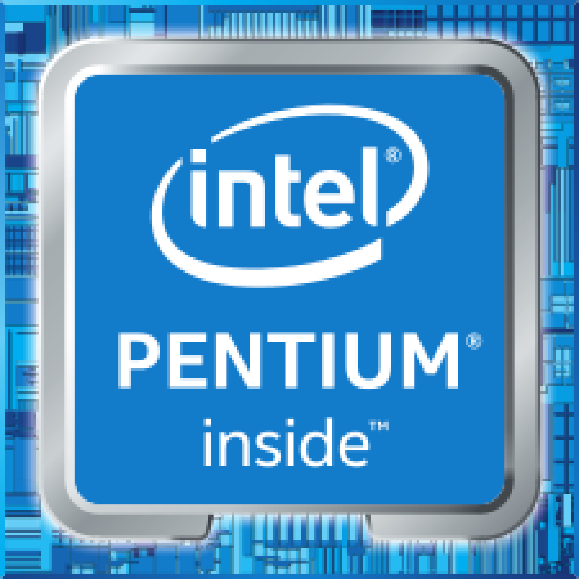 Intel Pentium inside Logo. Weißer Text auf blauem Hintergrund, mit silbernem Rand.