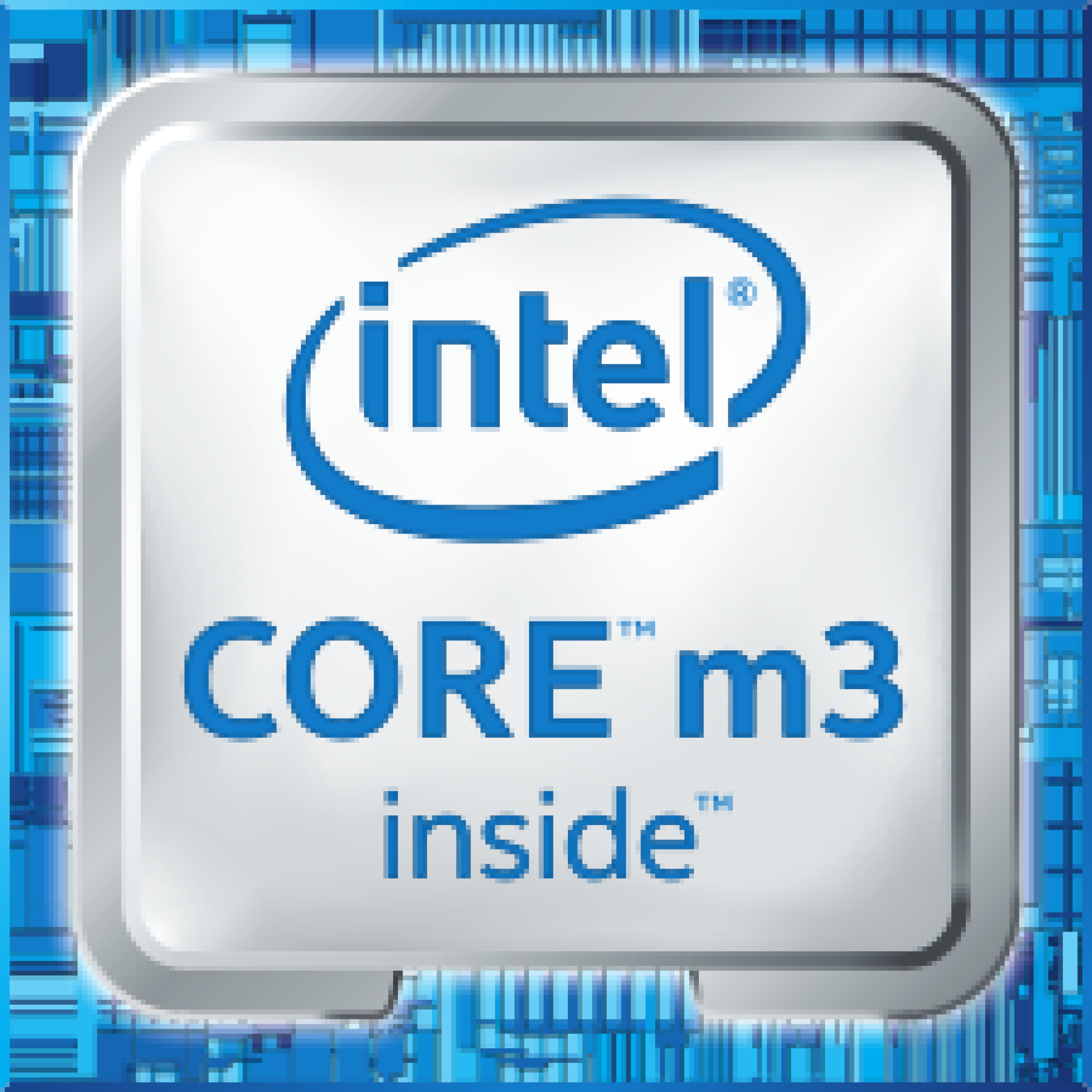 Logo Intel Core m3 inside. Biały tekst na niebieskim tle, ze srebrną obwódką.