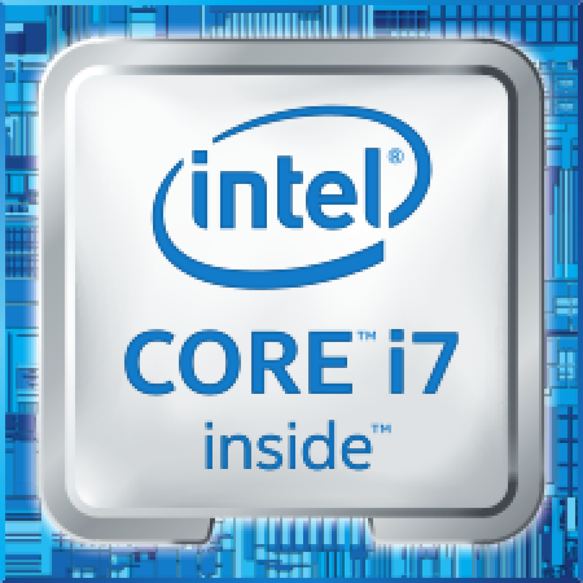 Intel Core i7 inside Logo. Weißer Text auf blauem Hintergrund, mit silbernem Rand.