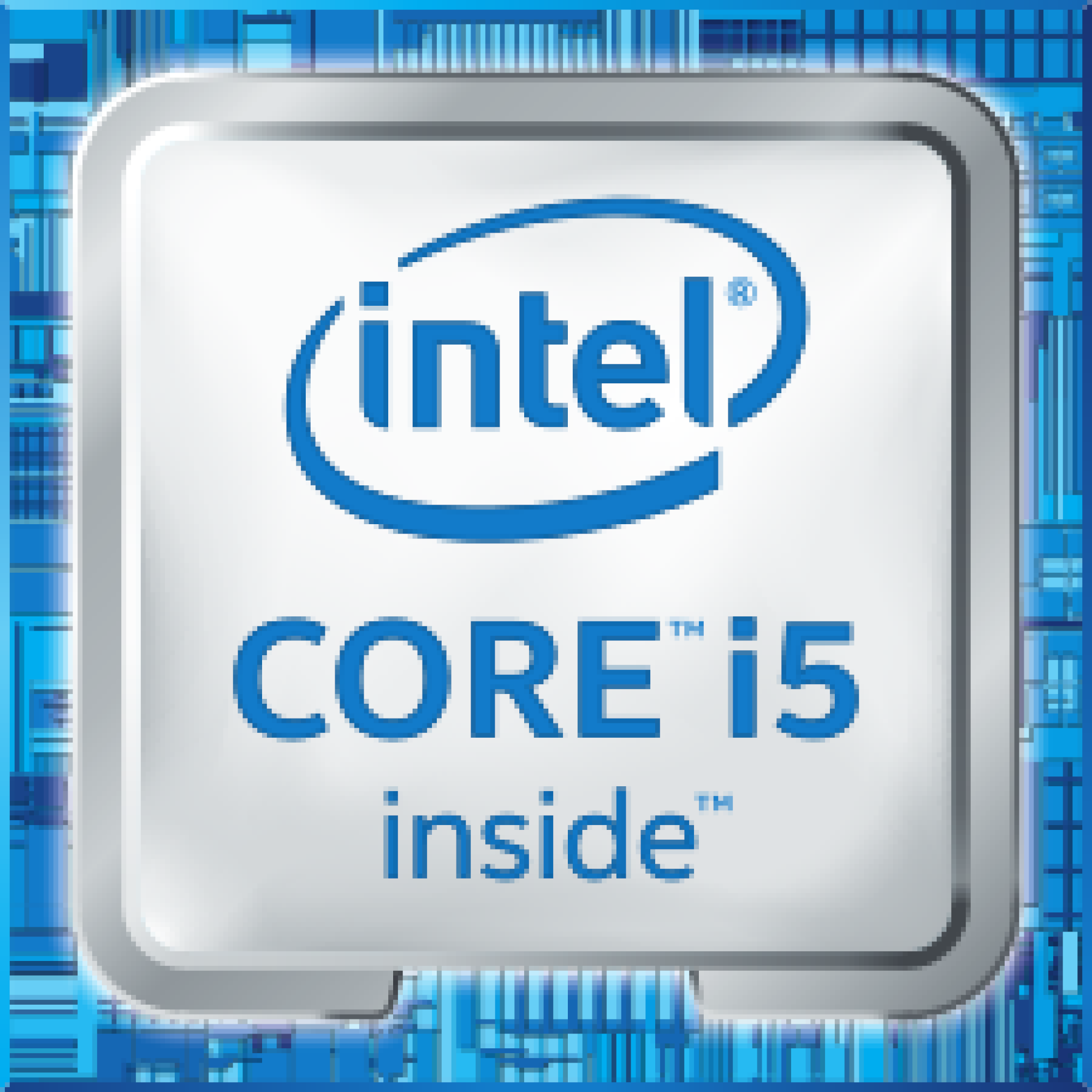 Intel Core i5 inside Logo. Weißer Text auf blauem Hintergrund, mit silbernem Rand.