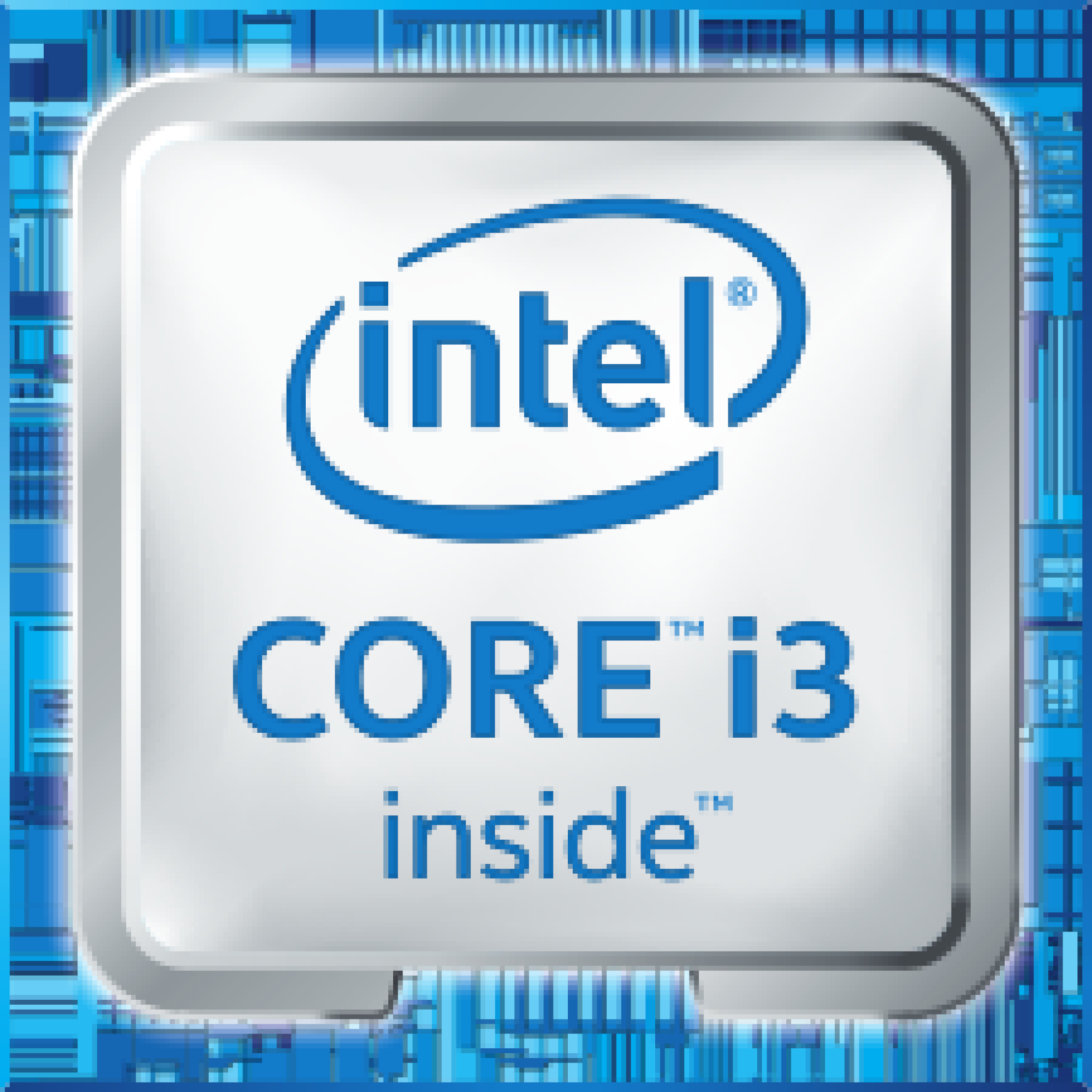 Logo Intel Core i3: Niebieski kwadrat z logo Intel i tekstem Core i3 inside.