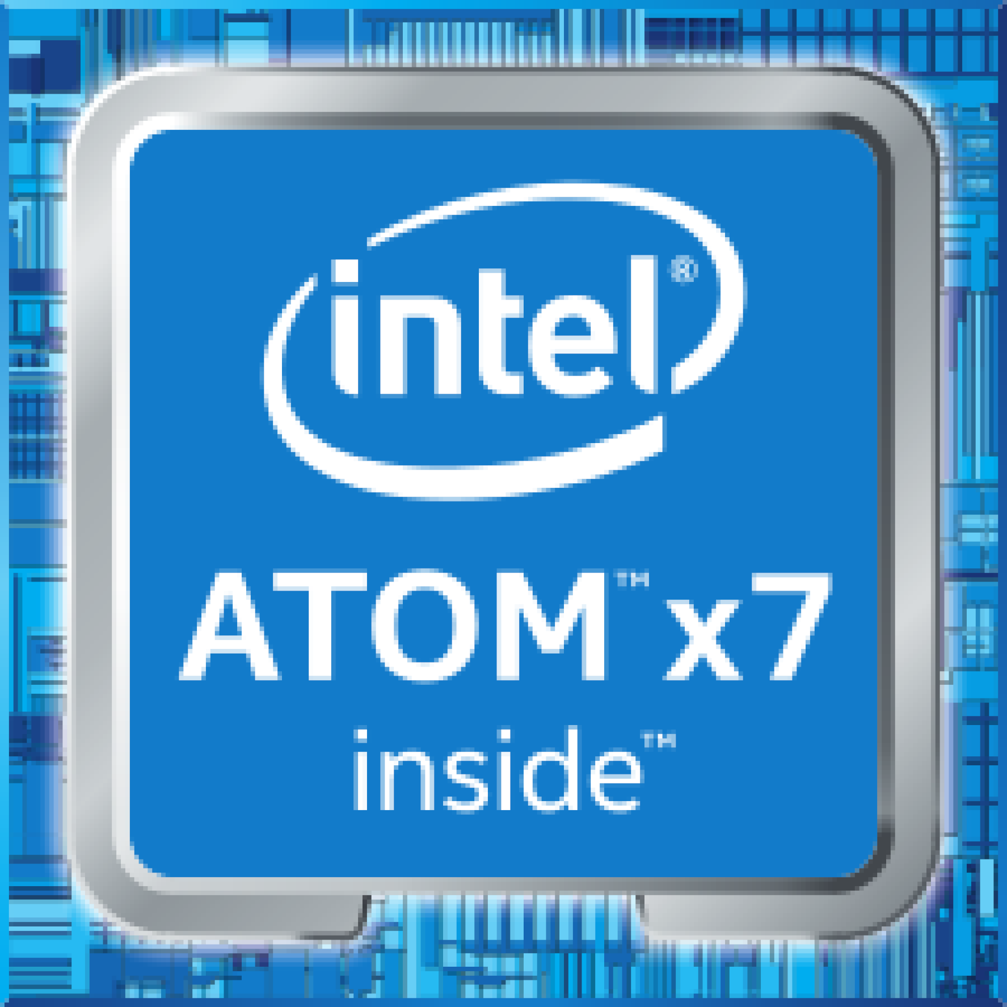 Intel Atom x7 Logo: Blauer Rahmen mit Intel-Logo und Atom x7 innen.