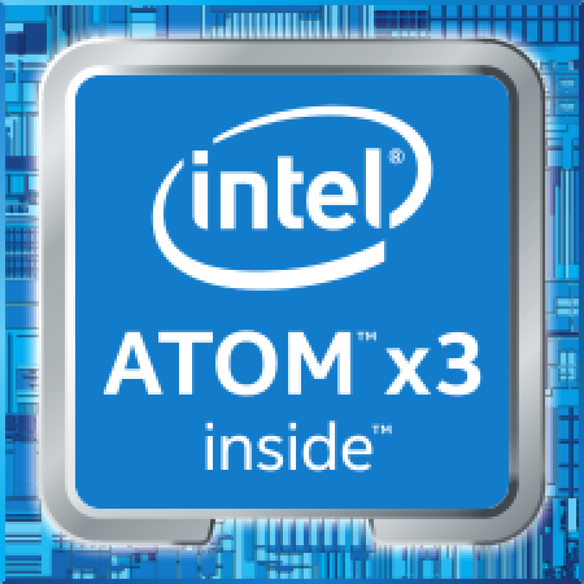Blaues Logo mit Intel inside. ATOM x3 oben und inside unten.