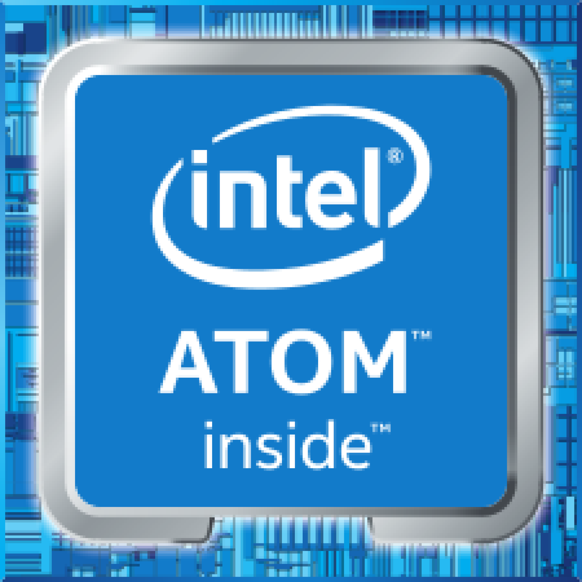 Intel ATOM inside Logo. Weißer Text auf blauem Hintergrund, mit silbernem Rand.