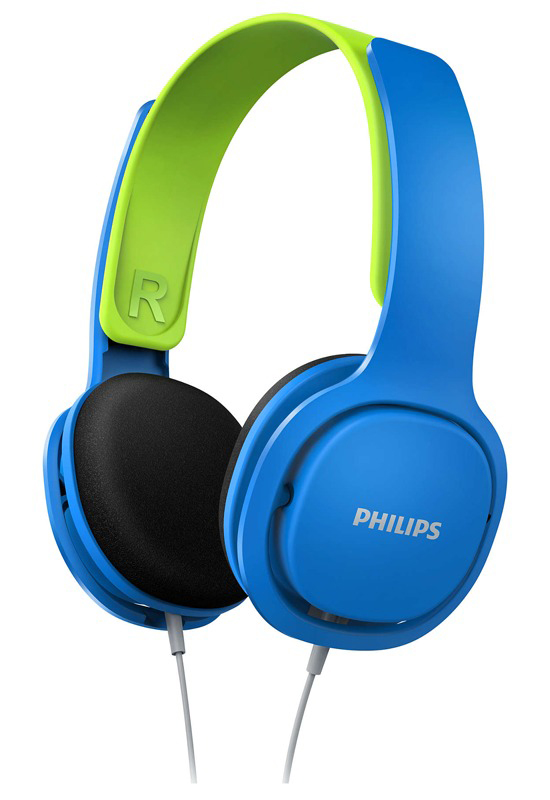 Blauwe en groene koptelefoon met een witte kabel, de oorschelpen zijn zwart.