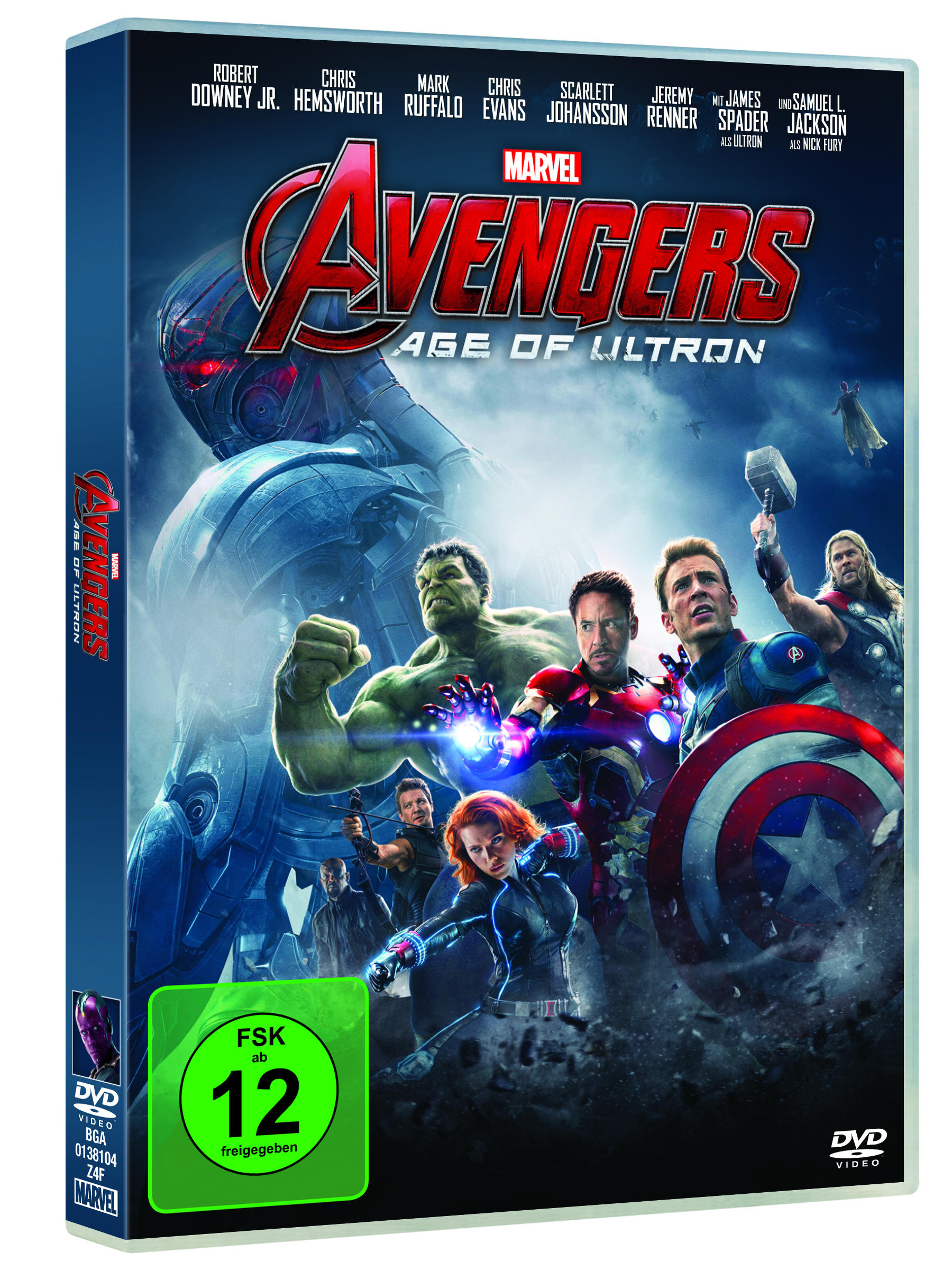 Avengers: Age of Ultron DVD-Cover. Ensemble-Cast mit Ultron im Hintergrund und eine grüne '12'-Einstufung.