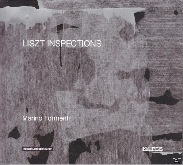 Albumcover: Abstraktes graues Kunstwerk. Text 'LISZT INSPECTIONS' und 'Marino Formenti'. Schwarz und Weiß.