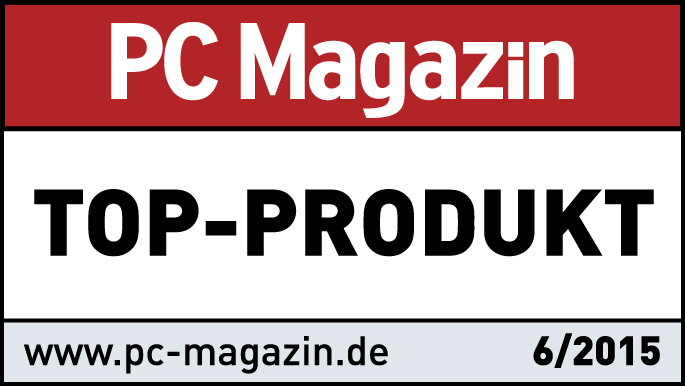 PC Magazin Top Produkt. Der Text steht auf rotem und weißem Hintergrund.