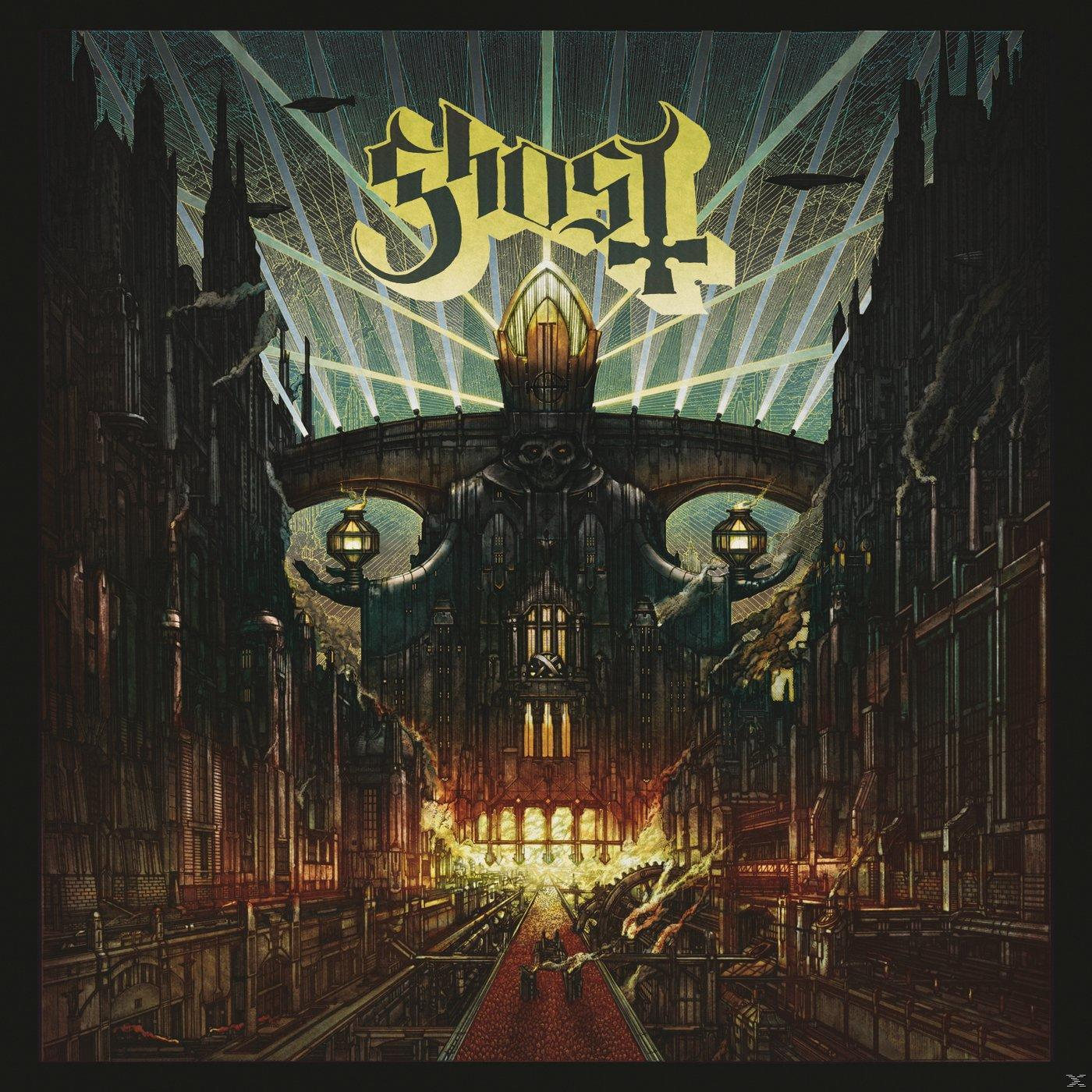 Pochette d'album : Ghost, design gothique de ville, longue rue, sombre, dramatique.