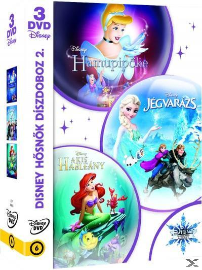 DVD-box szett három Disney-filmmel: Hamupipőke, Jégvarázs és A kis hableány. A doboz fehér és sárga.