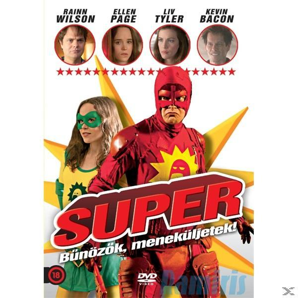 DVD borító színészek arcával, egy szuperhőssel és a SUPER filmcímmel.