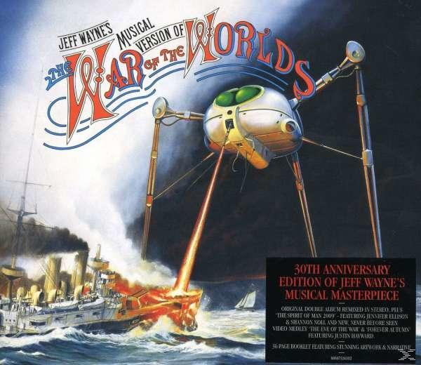 Albumcover mit einem Raumschiff, das ein Schiff angreift. Text: 'The War of the Worlds' und anderer Text.