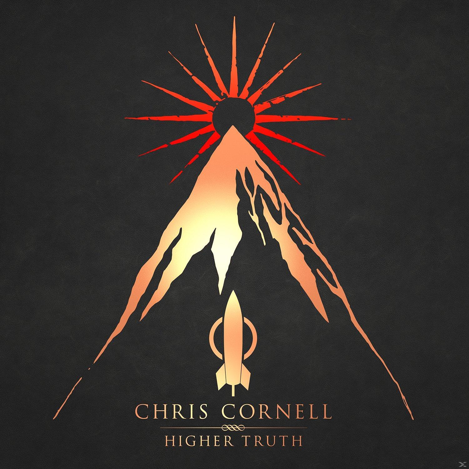 Album borító hegy, nap és rakéta szimbólummal, a 'Chris Cornell Higher Truth' van nyomtatva.
