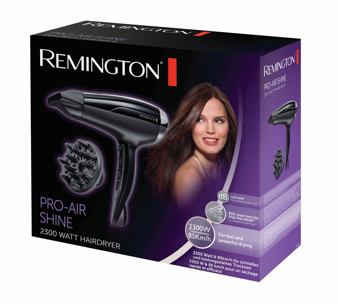 Remington Pro-Air Shine Haartrockner-Box. Schwarzes Haartrockner-Bild, eine Frau und Produktinformationen.