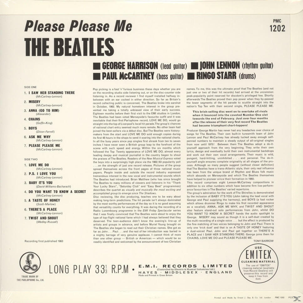 Pochette de l'album des Beatles. Texte, membres du groupe et une publicité pour un produit de nettoyage.