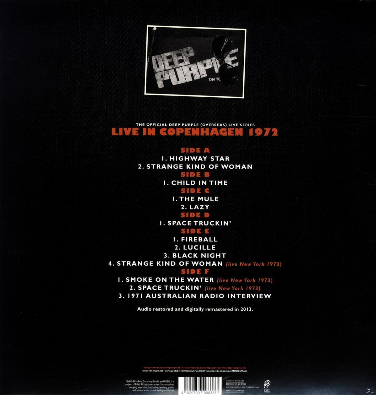 Albumcover. Schwarzer Hintergrund mit Text: Deep Purple, Live in Kopenhagen 1972.