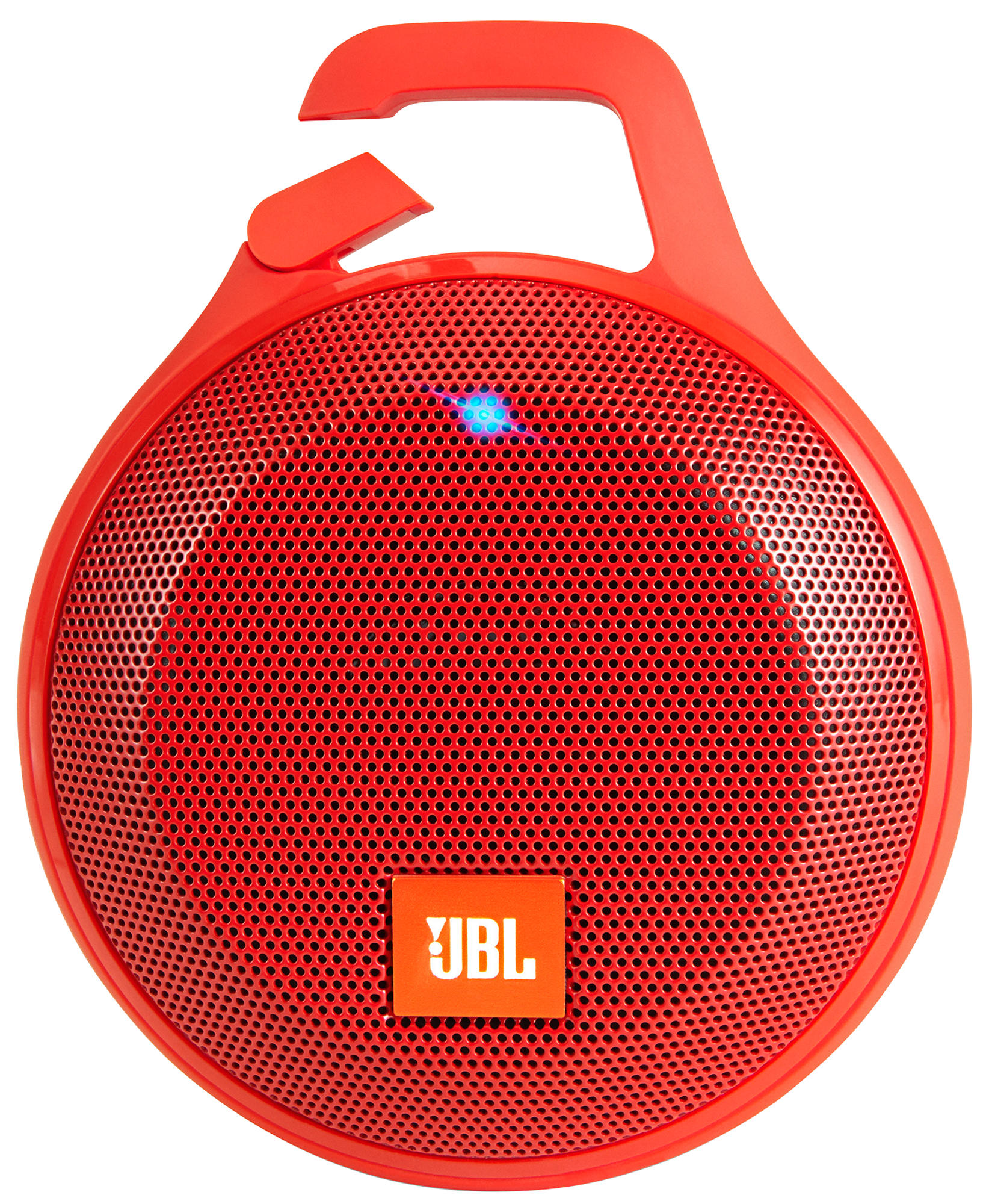 Altavoz portátil rojo JBL Clip 4. Tiene un asa, un frente perforado y el logotipo de JBL. Una luz azul está encendida.