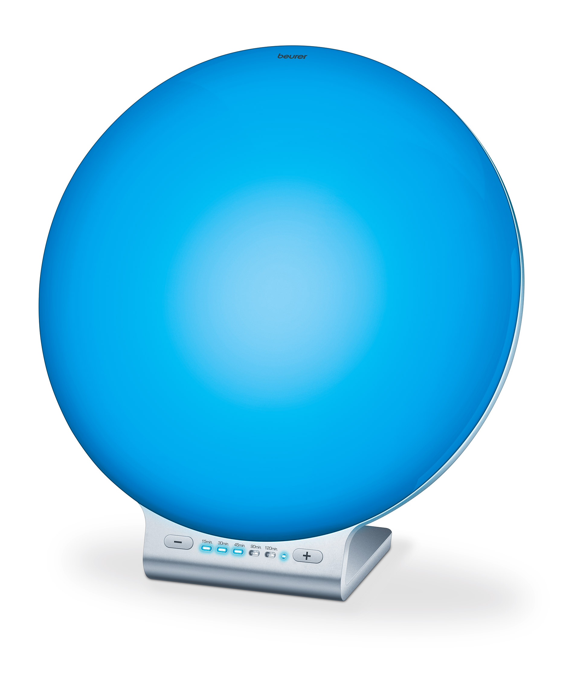 Eine blaue Lichttherapielampe. Kreisförmige Lichtquelle auf silbernem Sockel, weißer Hintergrund.