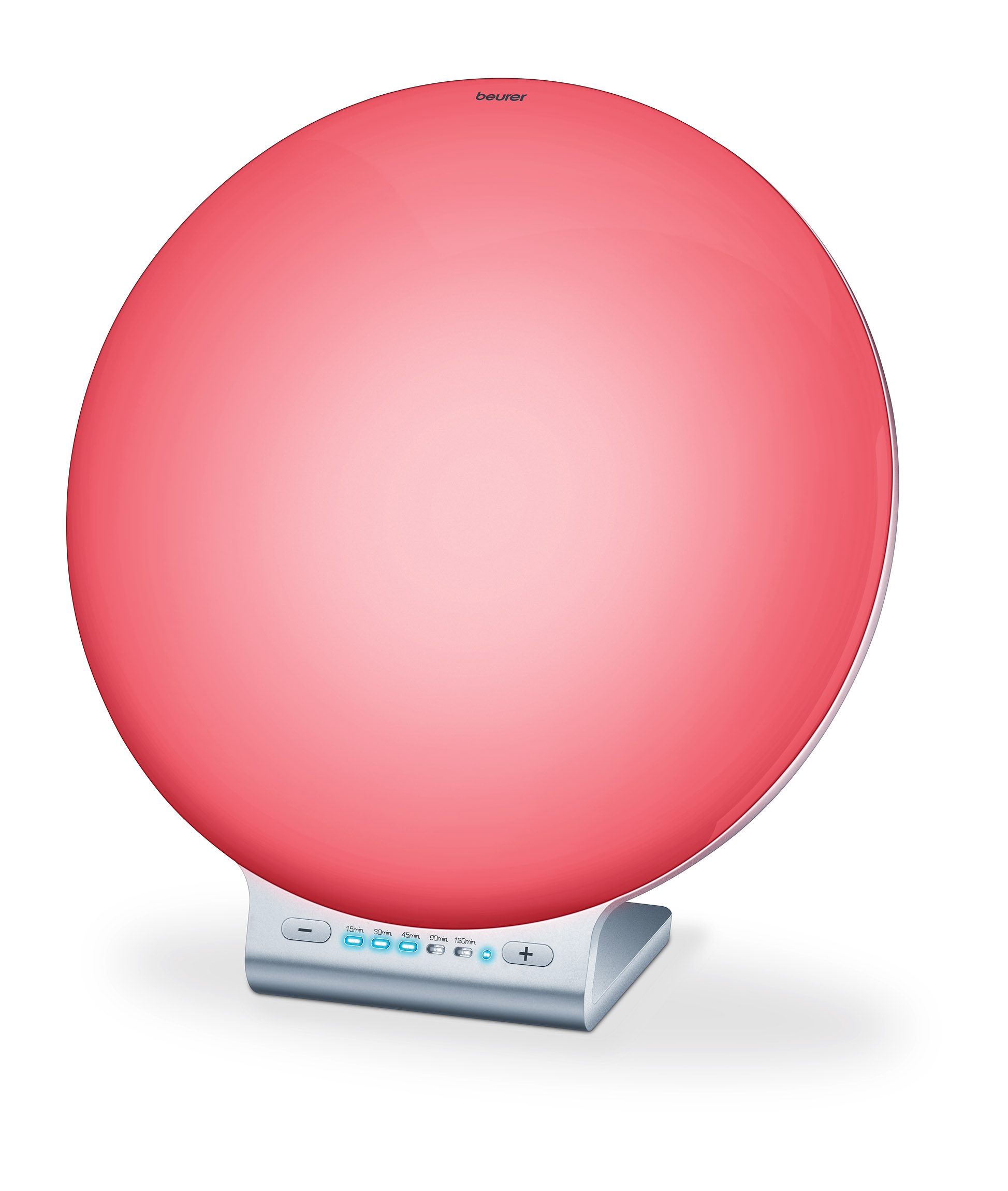 Eine runde, rote Lichttherapielampe mit silbernem Sockel und Bedientasten.
