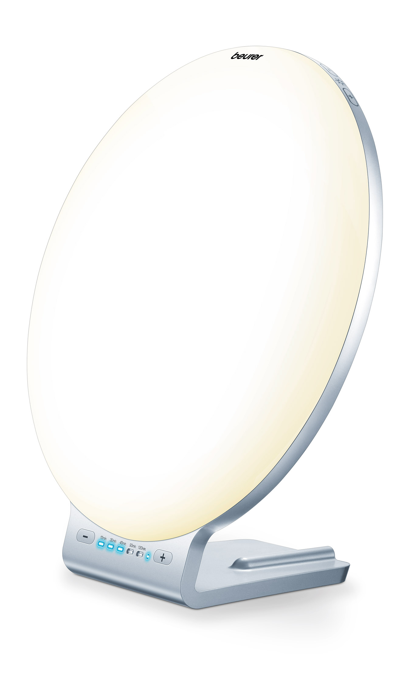 Weißer Hintergrund mit einer Beurer-Helligkeitslichttherapielampe. Es hat ein helles weißes Licht.