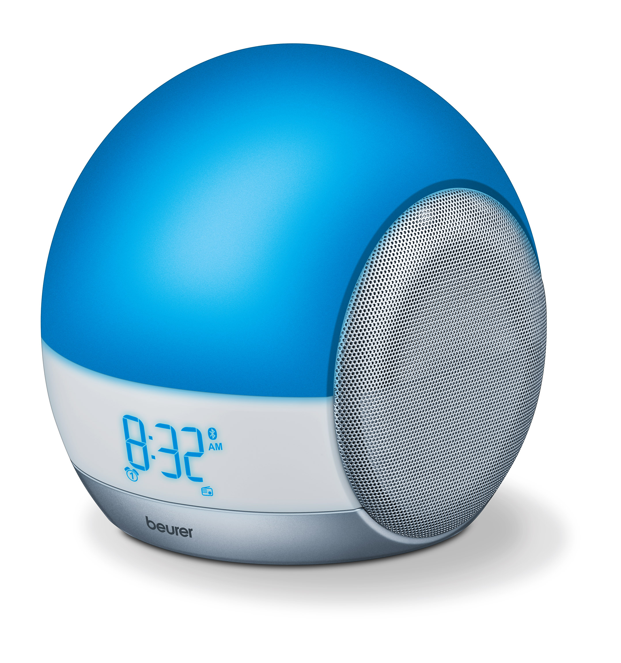 Ein blau-weißer Wecker, der 8:32 Uhr anzeigt. Die Uhr hat einen Lautsprecher und eine Digitalanzeige.