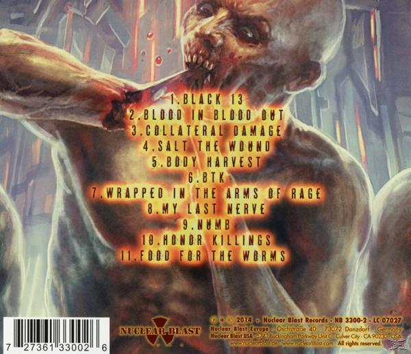 Albumcover. Zombie mit freiliegenden Zähnen, Blut und Text. Liste der Songs ist sichtbar.