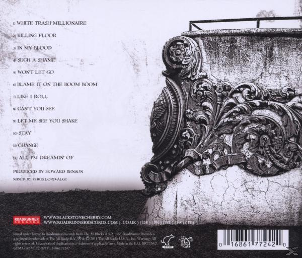 Albumcover Rückseite: Album-Trackliste und verziertes architektonisches Detail. Schwarz und Weiß.