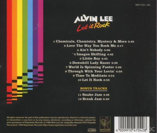 Album borító színes csíkokkal, 'Let it Rock' cím Alvin Lee-től, számlista fekete háttéren.