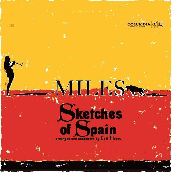 A Sketches of Spain album borítója Miles Davistől. Sárga és piros háttér.