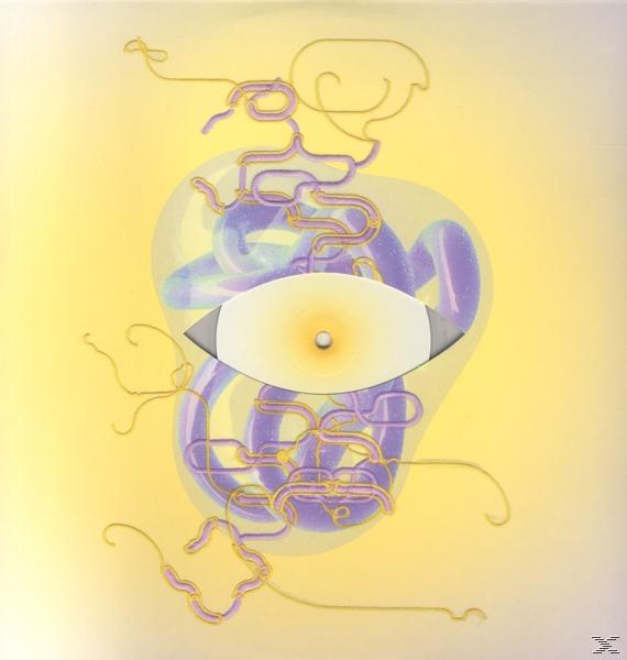 Abstrakte Kunst, eine weiße Augenform mit gelbem Zentrum, umgeben von lila Linien.