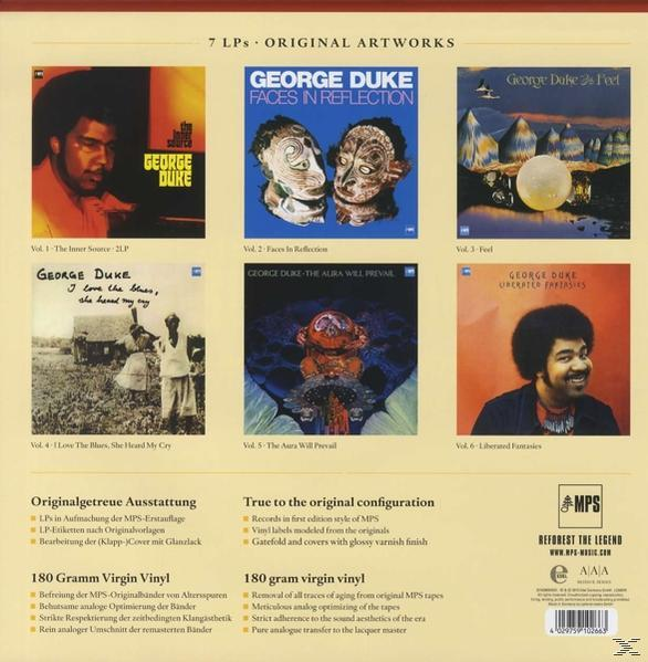 Albumcover mit 7 Albumcovern, mit George Dukes Alben, Text und Designelementen.