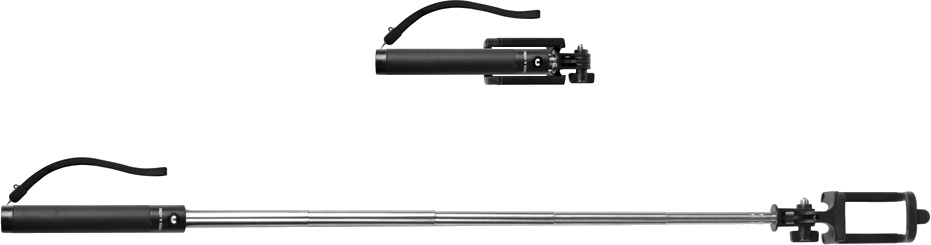 Twee zwarte selfiesticks, één uitgeschoven, één ingeklapt, tegen witte achtergrond.