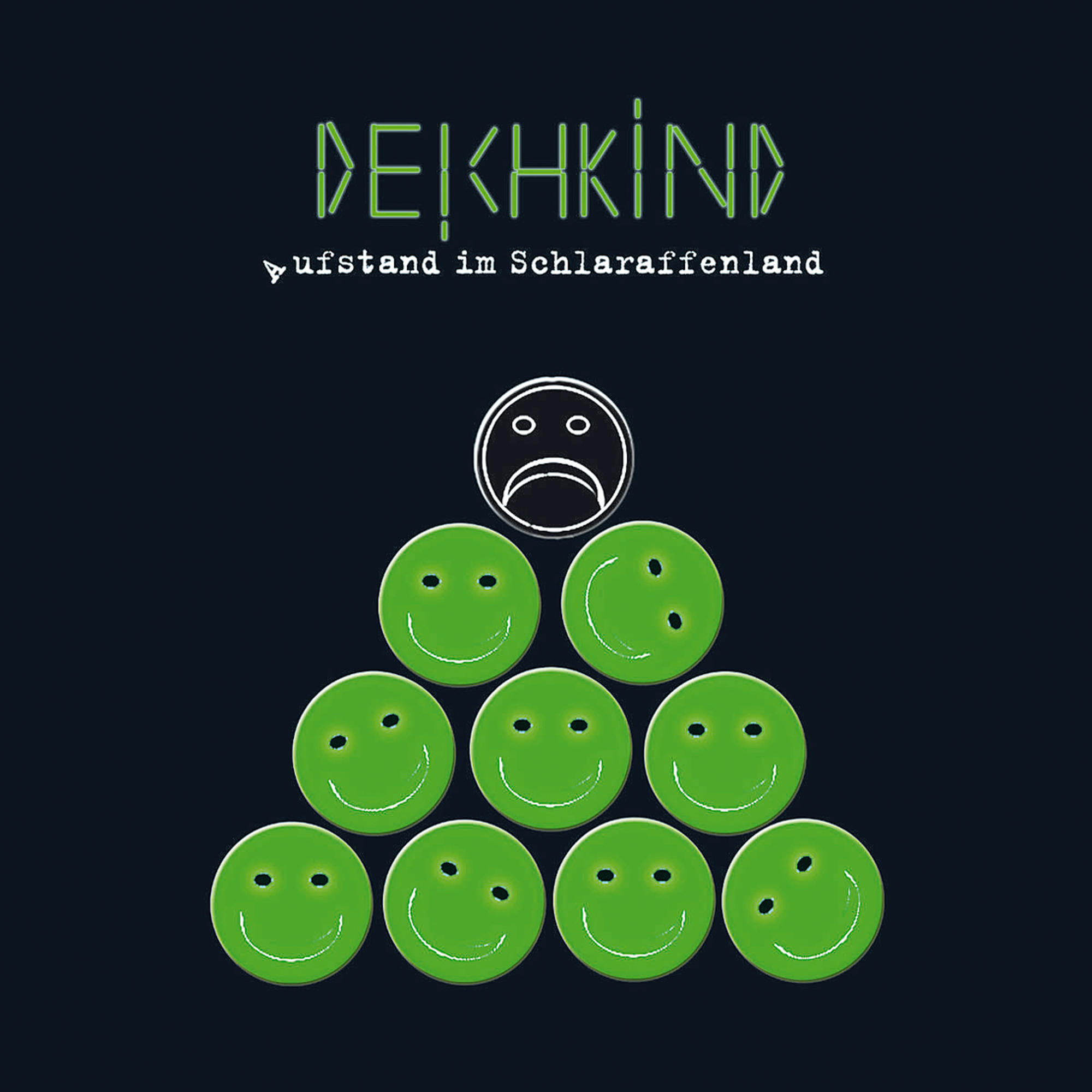 Albumcover: Grüne Smileys in einem Dreieck, trauriges Gesicht darüber, dunkelblauer Hintergrund, weißer Text.