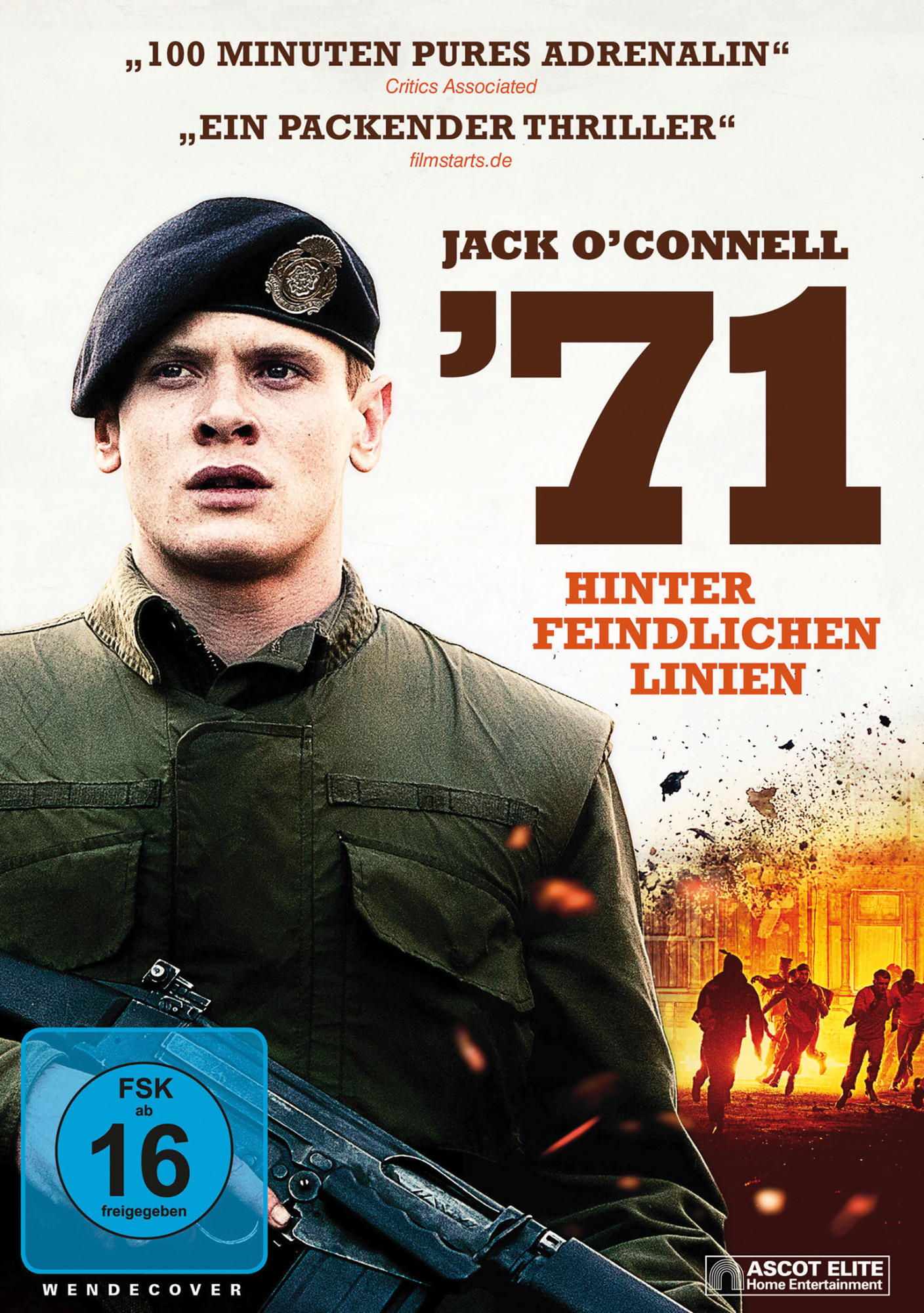 DVD-Cover. Jack O'Connell, trägt Hut. Titel: '71. Bild von Feuer und Soldaten.