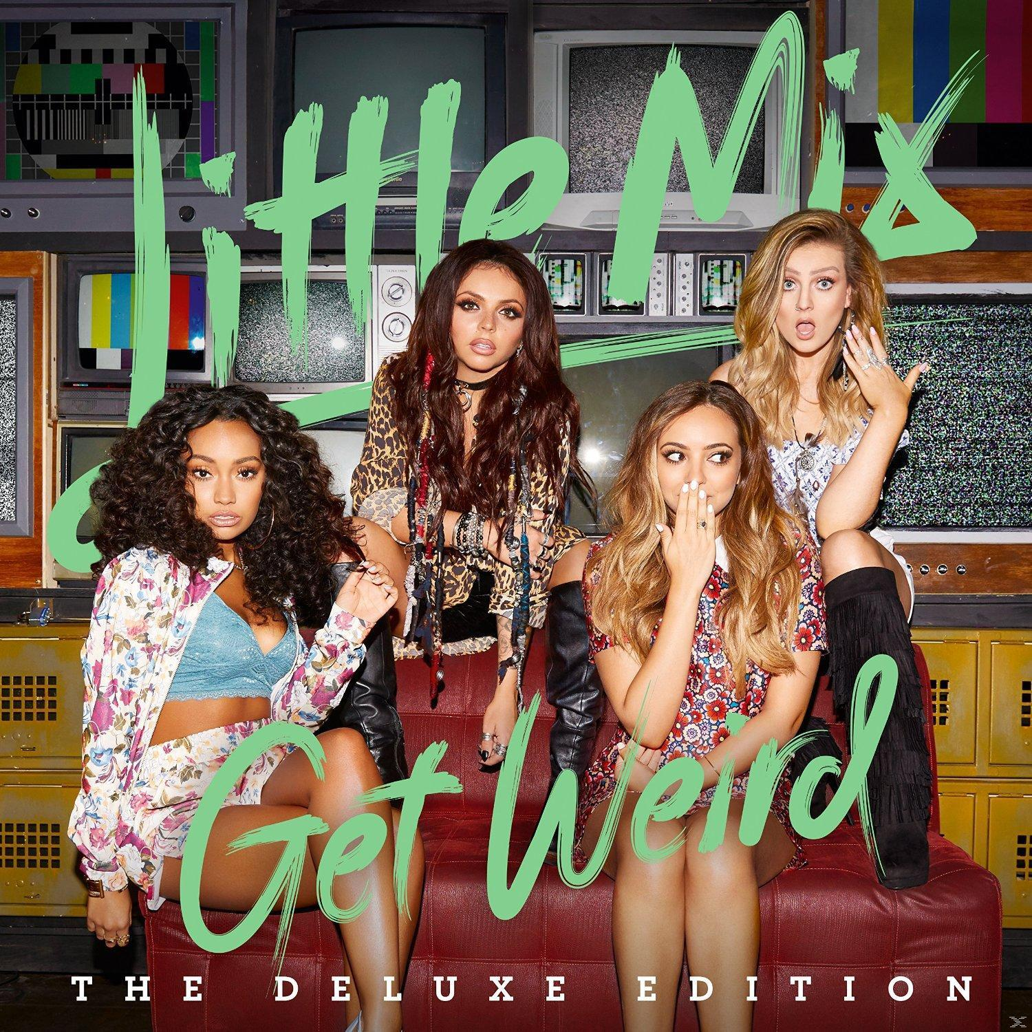 Little Mix albumhoes, vier vrouwen op een rode bank, met tekst.