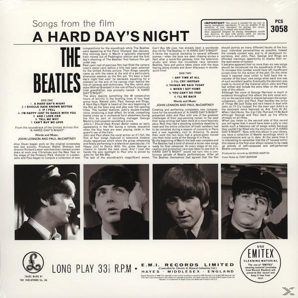 Beatles 'A Hard Day's Night' Albumcover, Schwarzweißfotos, Text. Vintage-Ästhetik.