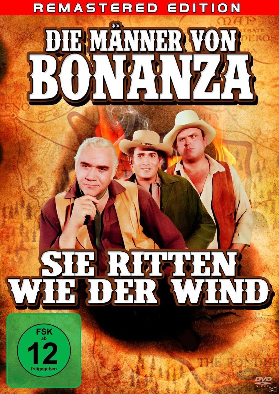 DVD-Cover: 'Die Männer von Bonanza' mit drei Männern in Cowboyhüten und feurigem Hintergrund.