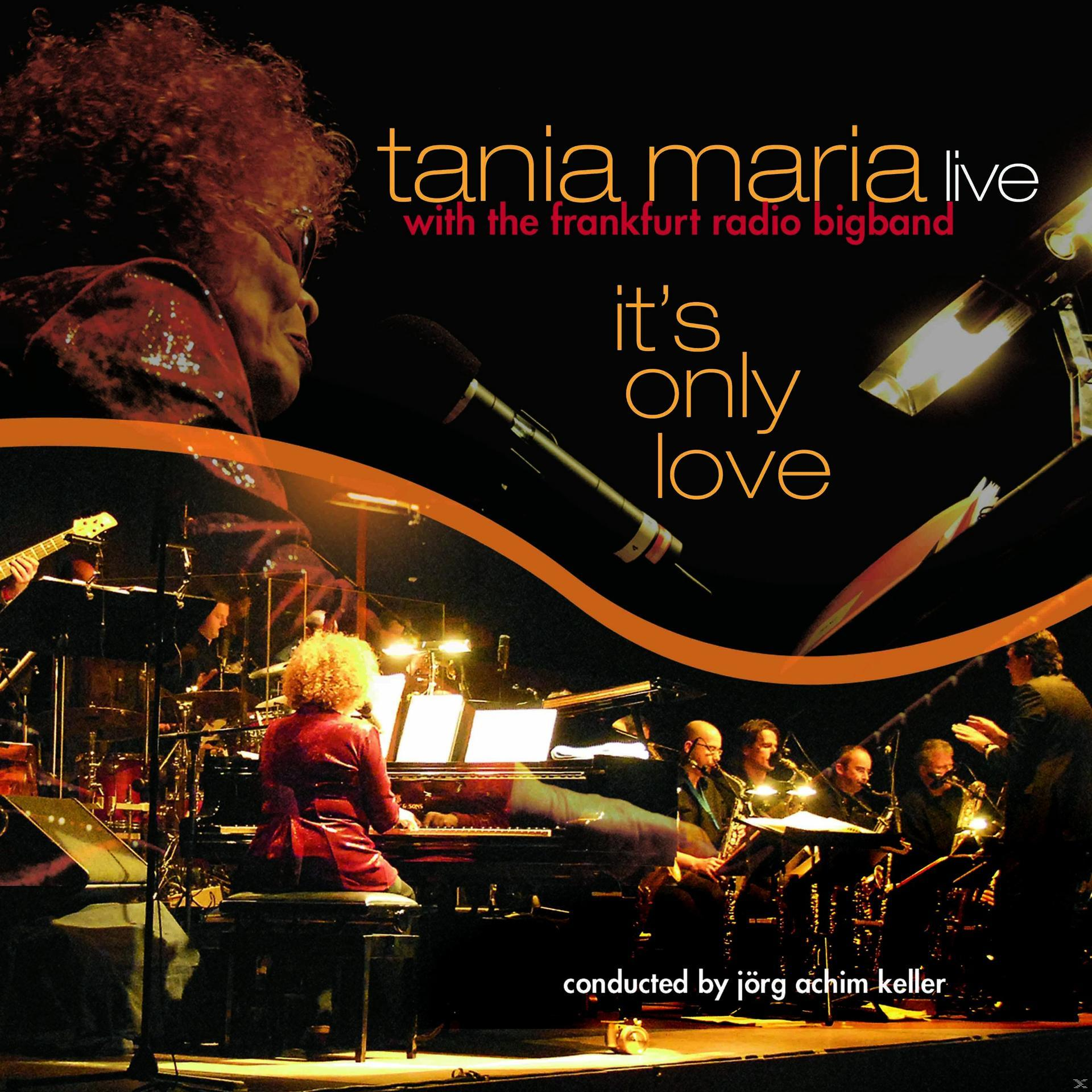 Albumcover. Frau singt auf der Bühne mit Orchester. Text: 'Tania Maria Live'. Schwarzer Hintergrund.