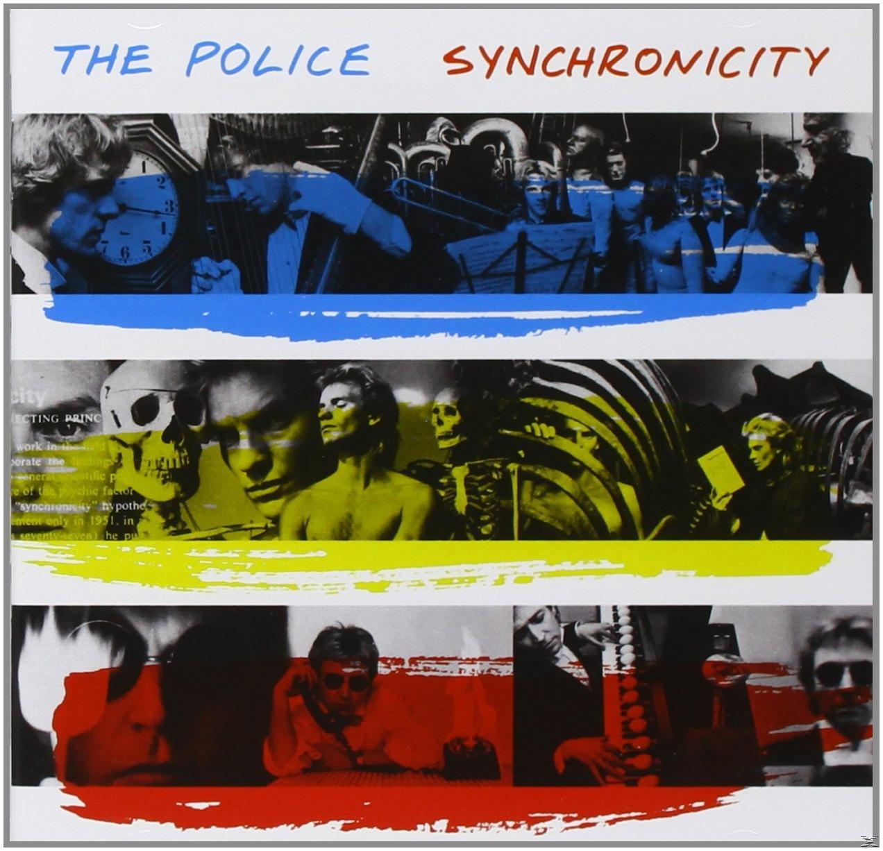 Albumcover für The Police mit Bildern von Menschen, Uhren und Farbblöcken.